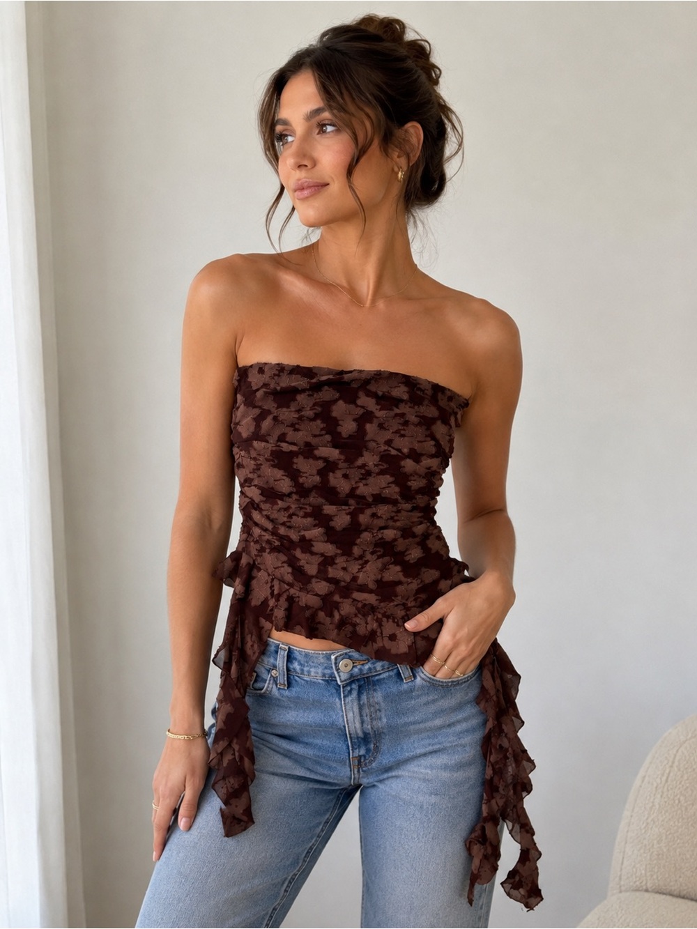 Strapless Floral Ruffle Top - Brown